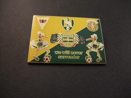 We will never surrender ADO Den Haag 3 verschillende logo's  en mascotte Storky ( Haagsche ooievaar) geel, groen